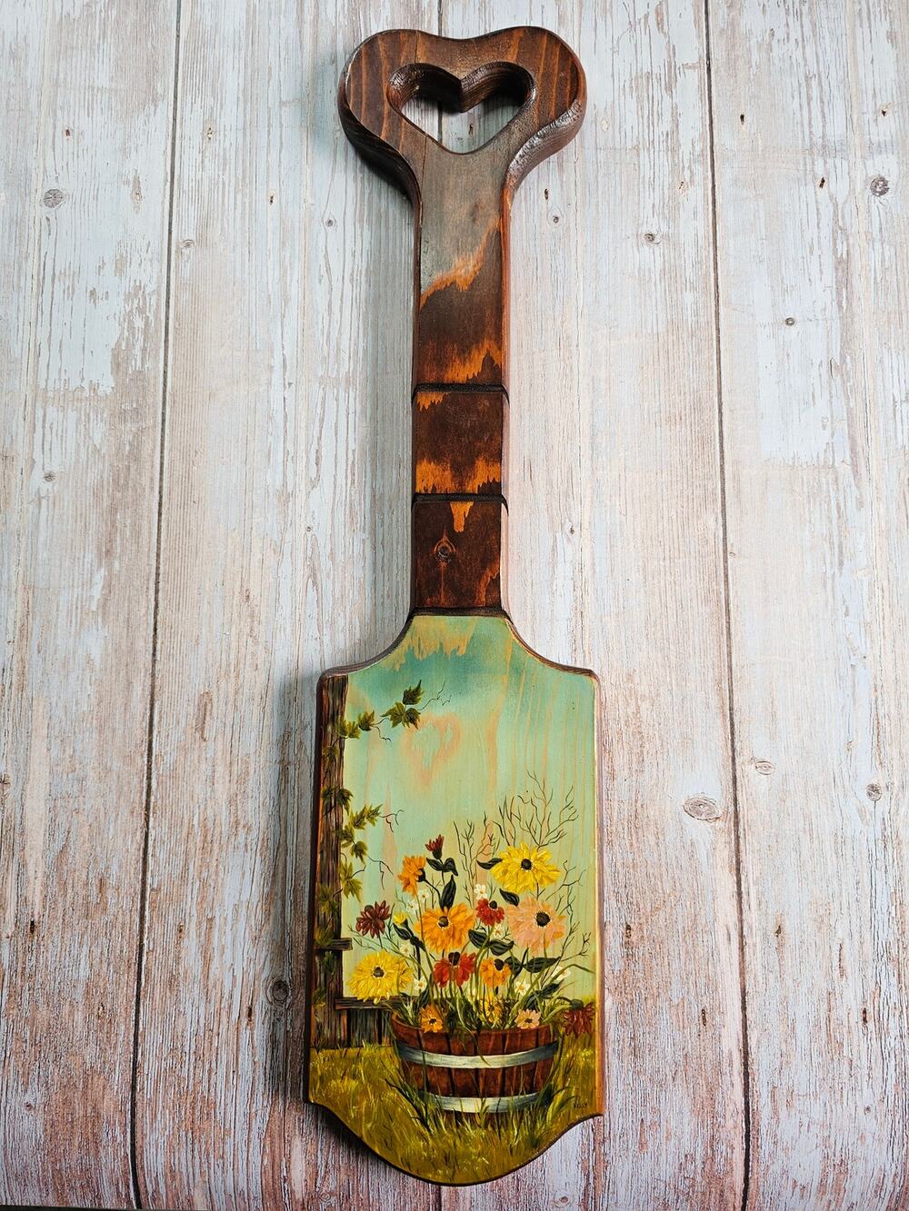 Original 1970s Retro Wood Heart Handle Painted Floral Paddle Signed Folk Art
